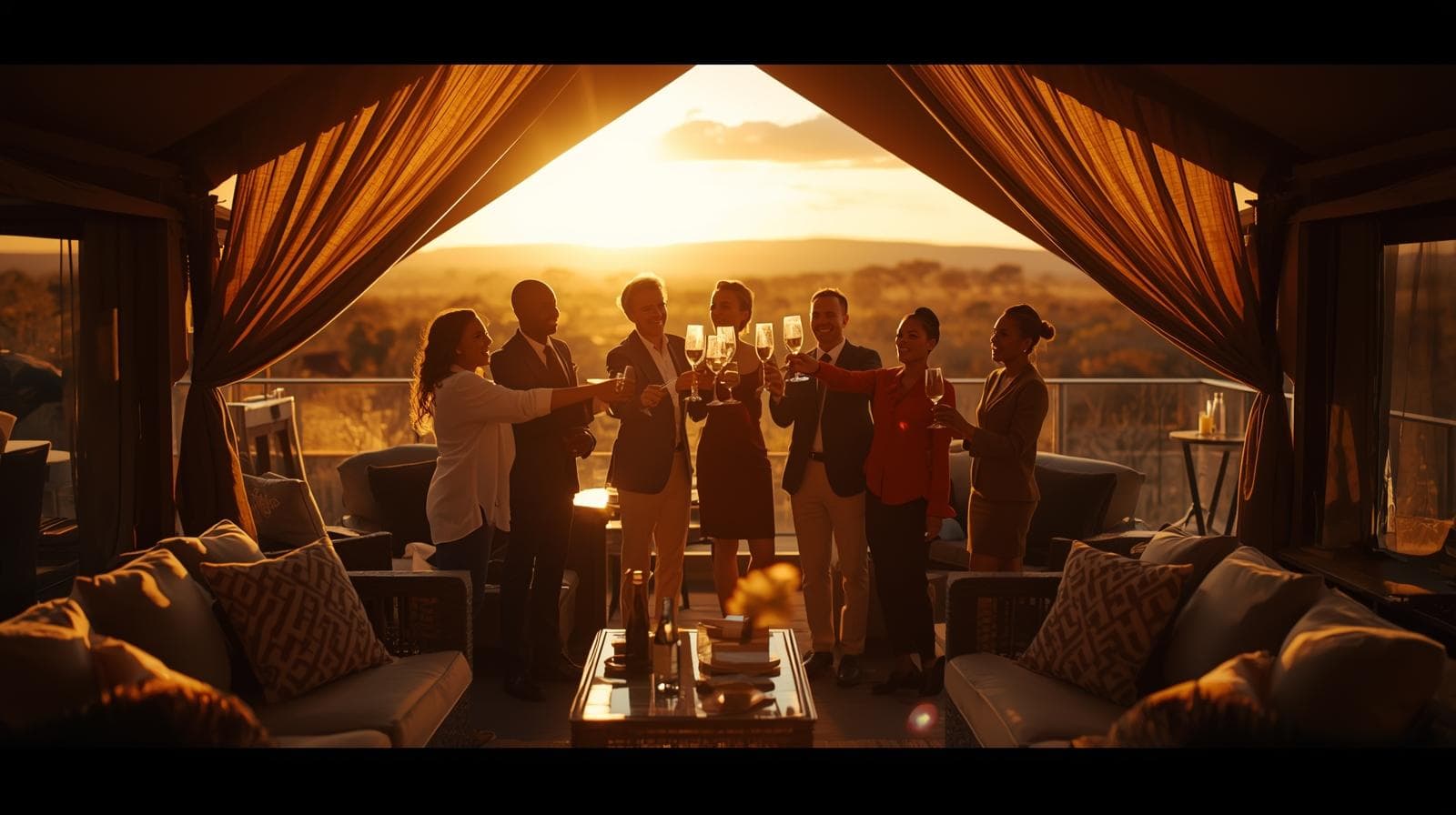 Corporate incentive group on a private game drive in the Maasai Mara conservancy at sunset