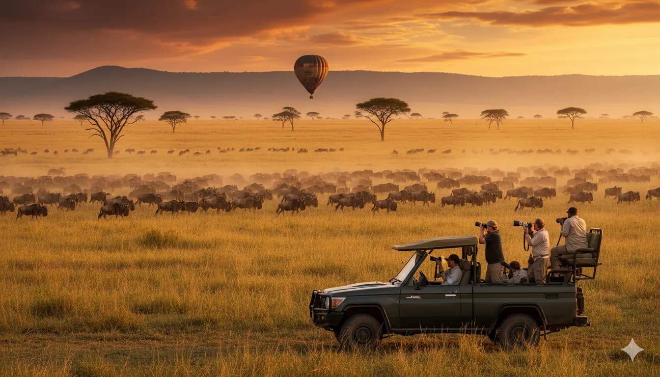 Maasai Mara savanna at golden hour with acacia trees and open plains